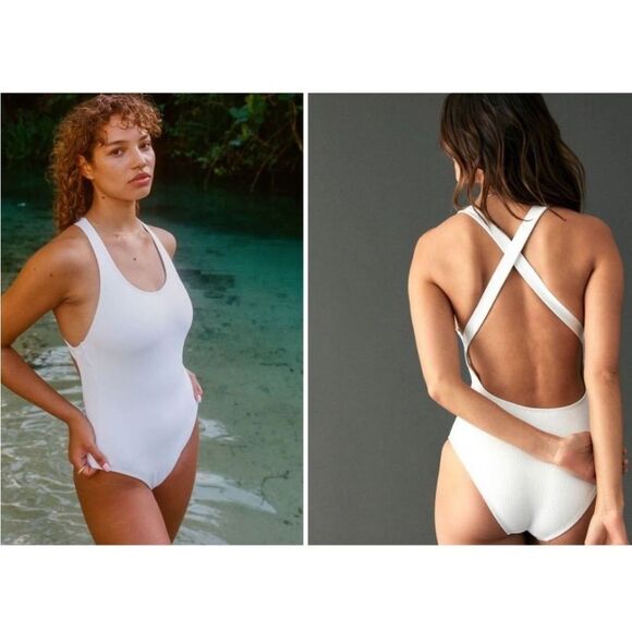 Andie Swim The Tulum One Piece Swimsuit White Ribbed Size Medium NWT - Picture 1 of 6